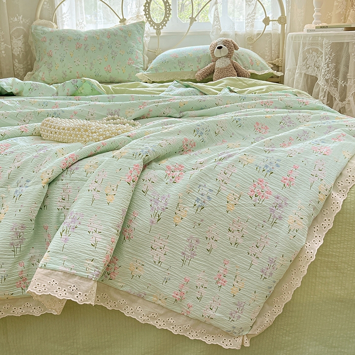 91家纺网 家纺一手货源 找家纺 优佳优品 2026新款云感皱皱纱全棉花边款夏被四件套 清禾