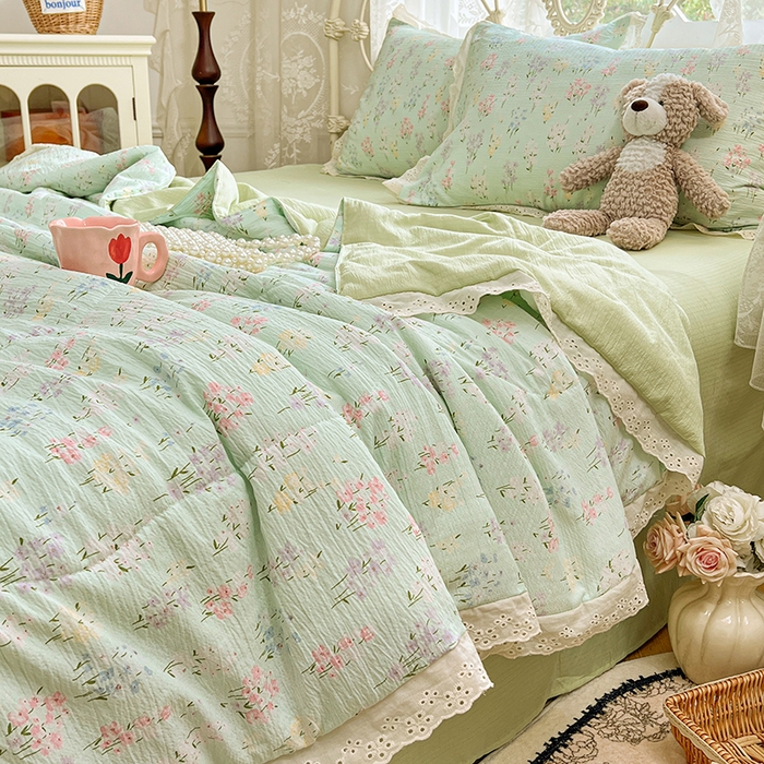 91家纺网 家纺一手货源 找家纺 优佳优品 2026新款云感皱皱纱全棉花边款夏被四件套 清禾