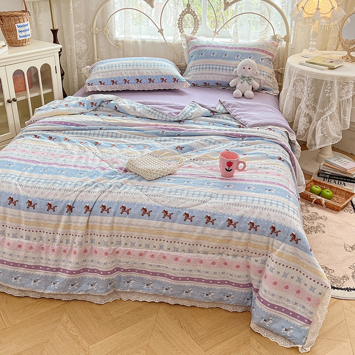 91家纺网 家纺一手货源 找家纺 优佳优品 2026新款云感皱皱纱全棉花边款夏被四件套 晴野