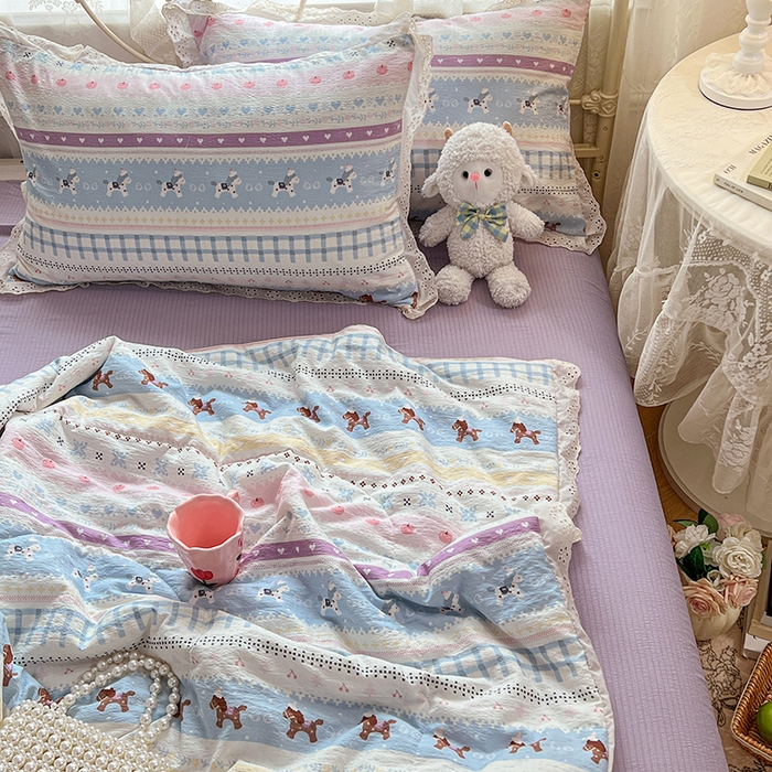 91家纺网 家纺一手货源 找家纺 优佳优品 2026新款云感皱皱纱全棉花边款夏被四件套 晴野