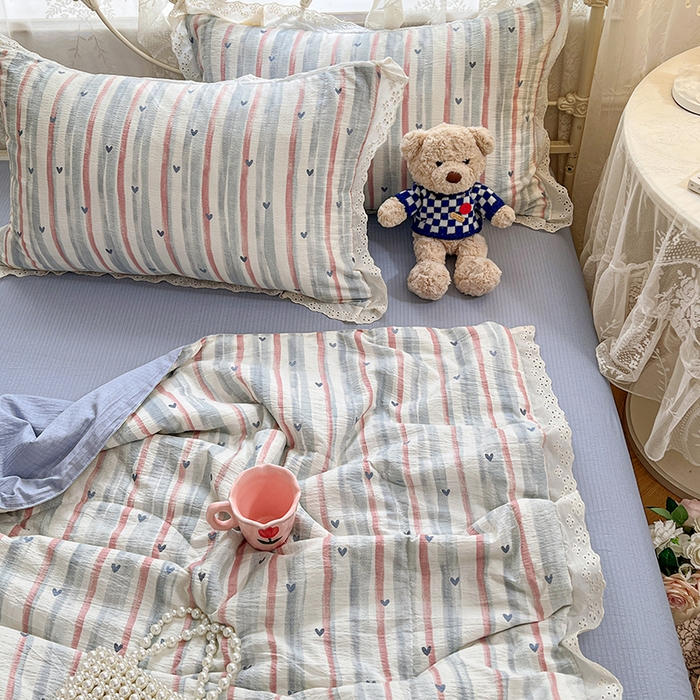 91家纺网 家纺一手货源 找家纺 优佳优品 2026新款云感皱皱纱全棉花边款夏被四件套 蓝屿