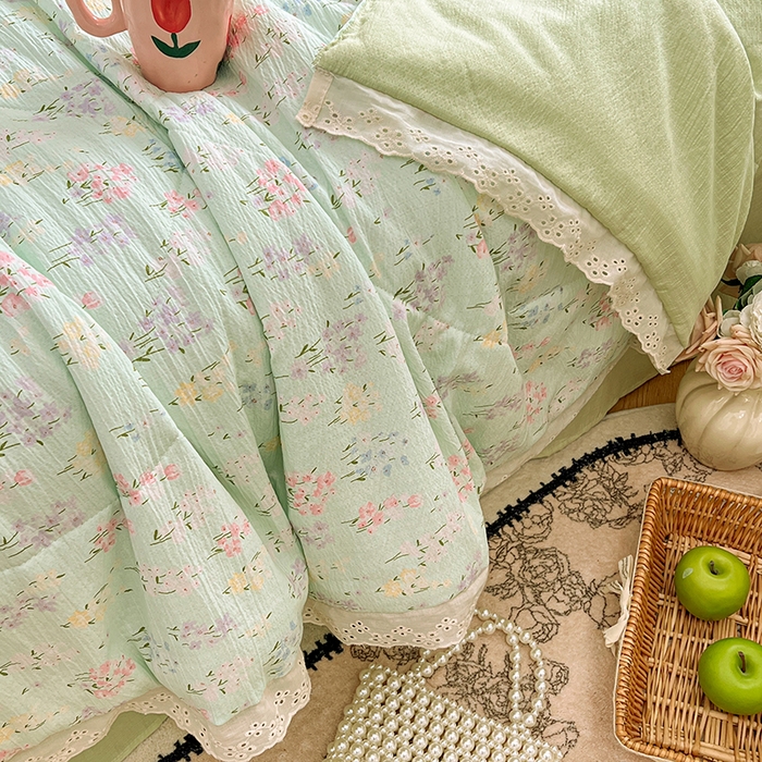 91家纺网 家纺一手货源 找家纺 优佳优品 2026新款云感皱皱纱全棉花边款夏被四件套 清禾