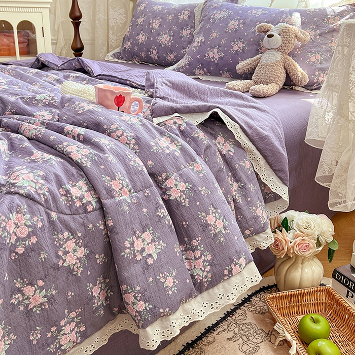 优佳优品 2026新款云感皱皱纱全棉花边款夏被四件套 暗香