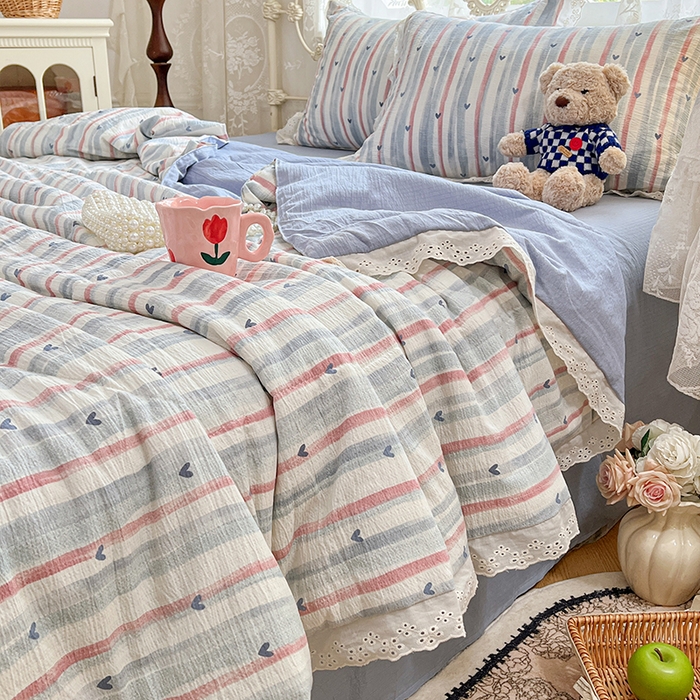 优佳优品 2026新款云感皱皱纱全棉花边款夏被四件套 蓝屿