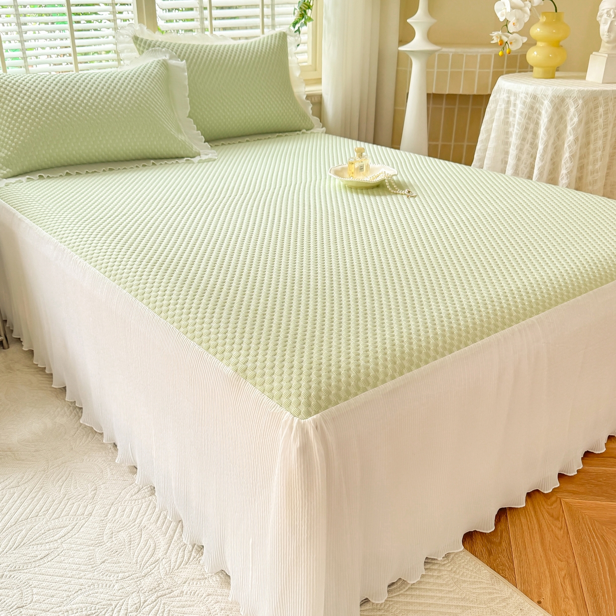 91家纺网 家纺一手货源 找家纺 逸尚阁 2026新款凉感夏被冰豆豆床裙凉席四件套 冰豆豆-清澈绿