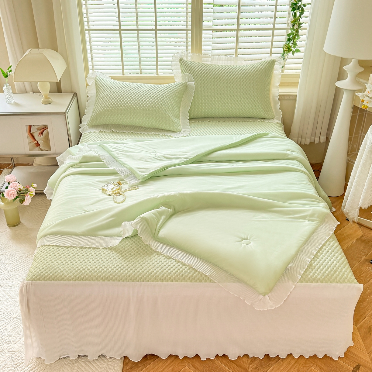 逸尚阁 2026新款凉感夏被冰豆豆床裙凉席四件套 冰豆豆-清澈绿