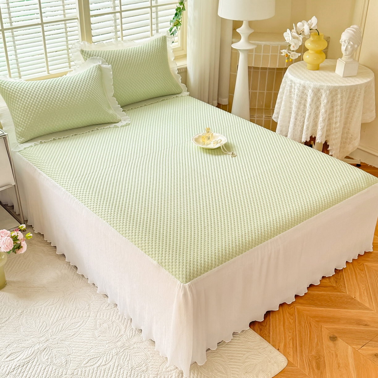 91家纺网 家纺一手货源 找家纺 逸尚阁 2026新款凉感夏被冰豆豆床裙凉席四件套 冰豆豆-清澈绿