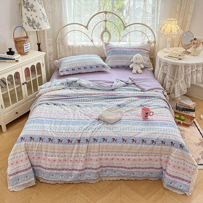 91家纺网 家纺一手货源 找家纺 优佳优品 2026新款云感皱皱纱全棉花边款夏被四件套 晴野