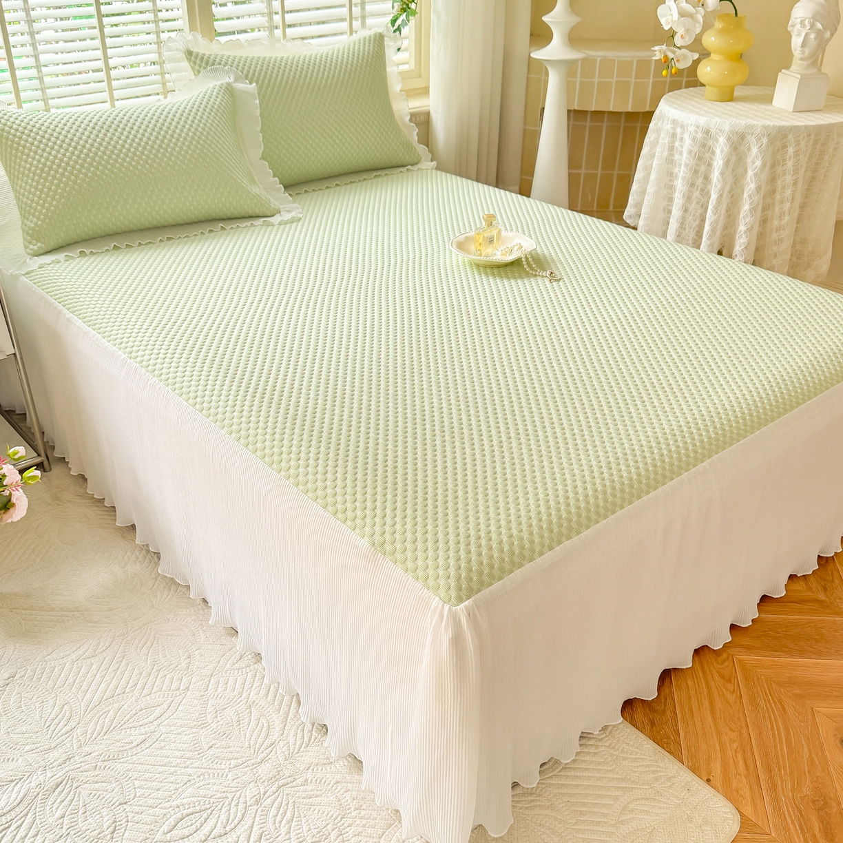 91家纺网 家纺一手货源 找家纺 逸尚阁 2026新款凉感夏被冰豆豆床裙凉席四件套 冰豆豆-清澈绿