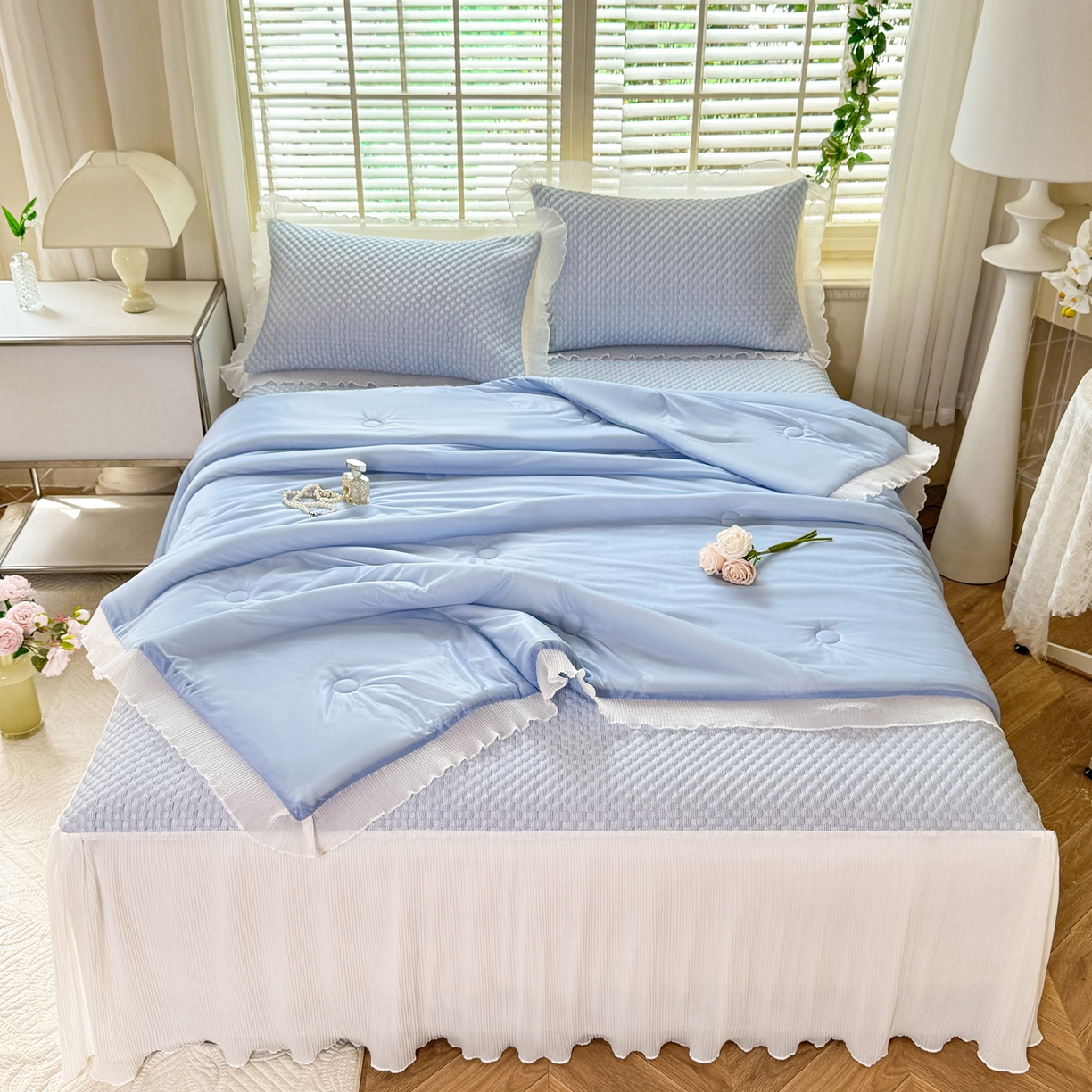 逸尚阁 2026新款凉感夏被冰豆豆床裙凉席四件套 冰豆豆-宝石蓝