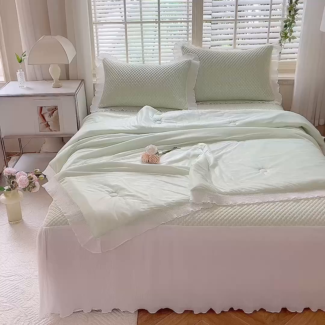 91家纺网 家纺一手货源 找家纺 逸尚阁 2026新款凉感夏被冰豆豆床裙凉席四件套 冰豆豆-清澈绿