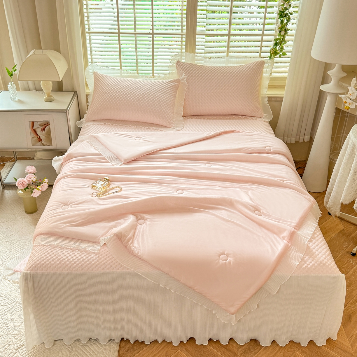 逸尚阁 2026新款凉感夏被冰豆豆床裙凉席四件套 冰豆豆-桃子粉