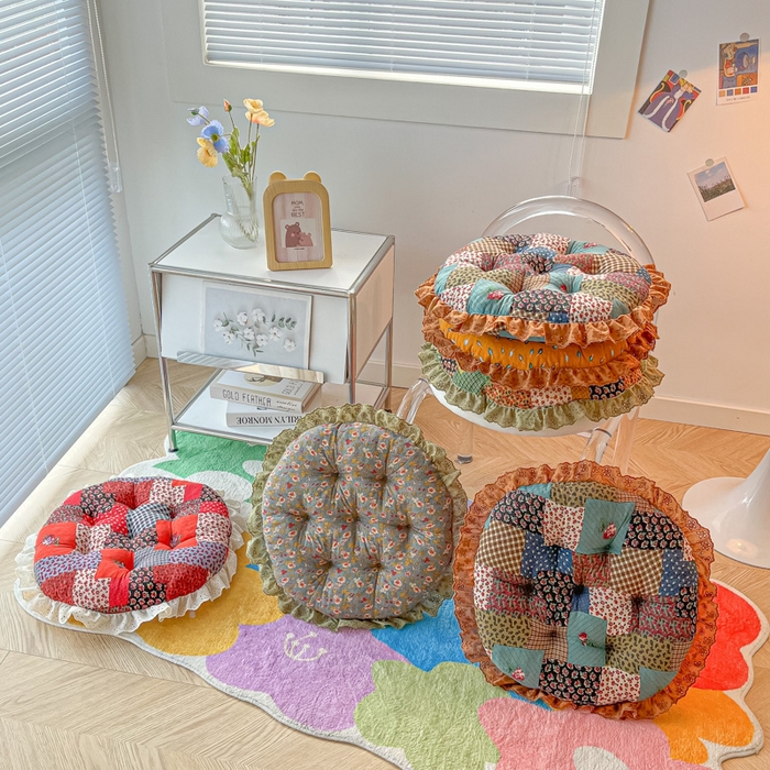 座享家 2026新款拼色仿棉麻花边团蒲坐垫 组合图