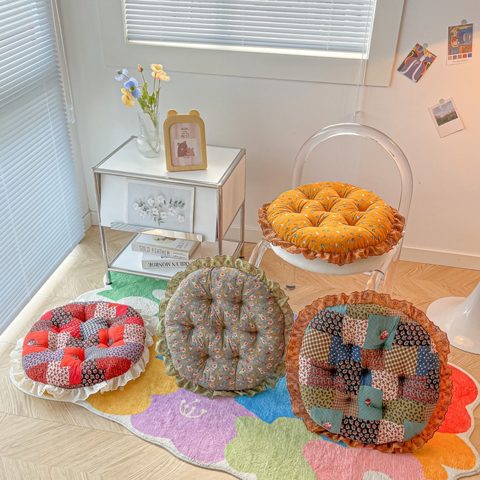 91家纺网 家纺一手货源 找家纺 座享家 2026新款拼色仿棉麻花边团蒲坐垫 组合图