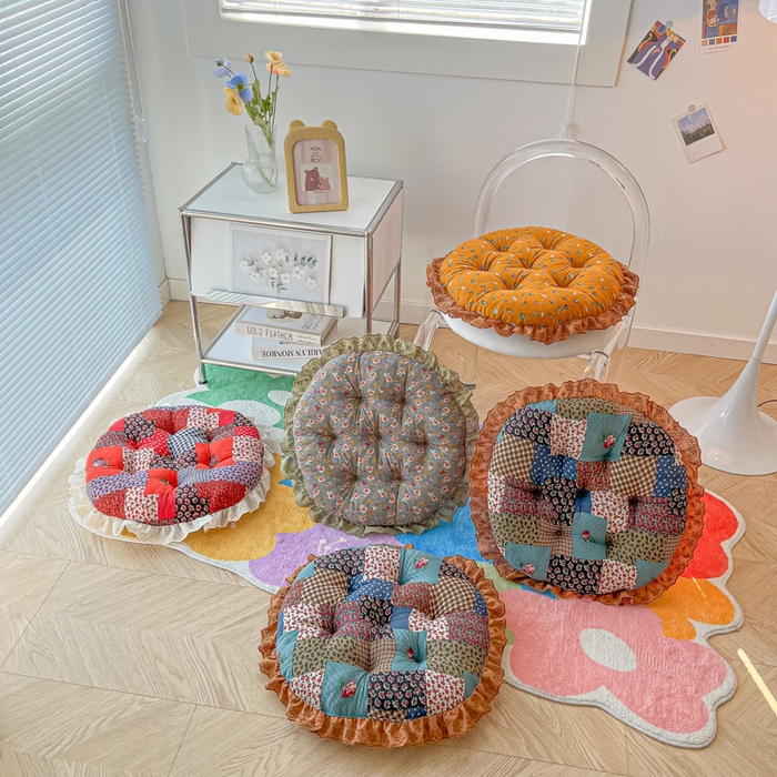 91家纺网 家纺一手货源 找家纺 座享家 2026新款拼色仿棉麻花边团蒲坐垫 组合图