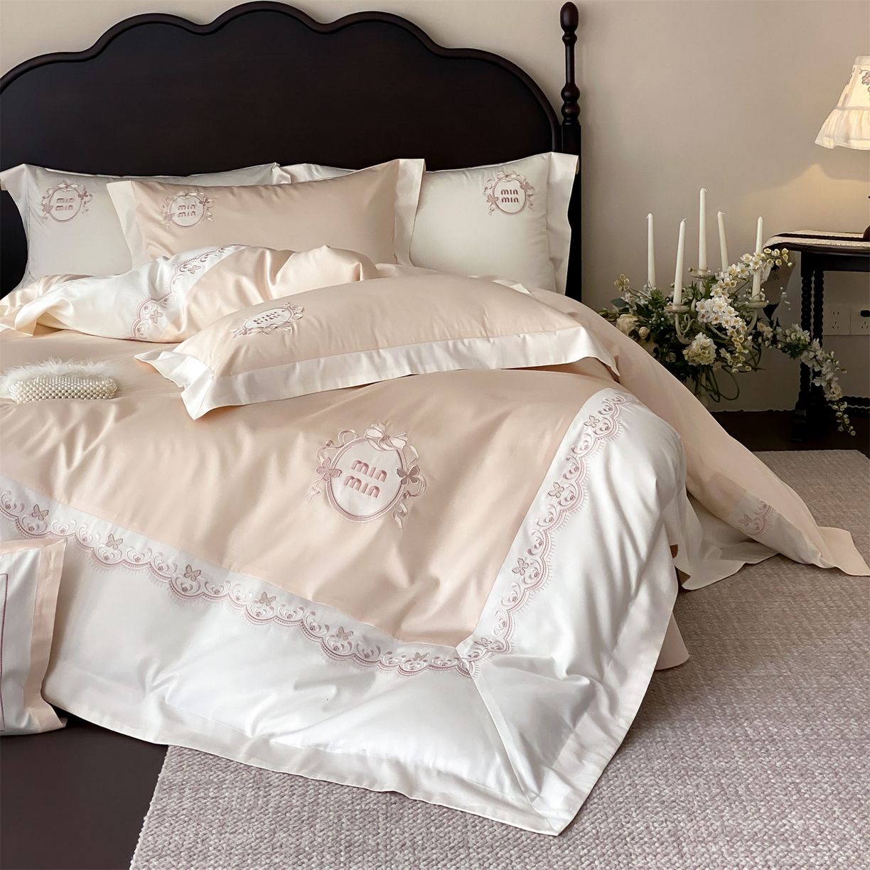 91家纺网 家纺一手货源 找家纺 （总）树下 2026新款a类100支50s双股刺绣高支高密贡缎长绒棉四件套全棉四件套-蝶吟