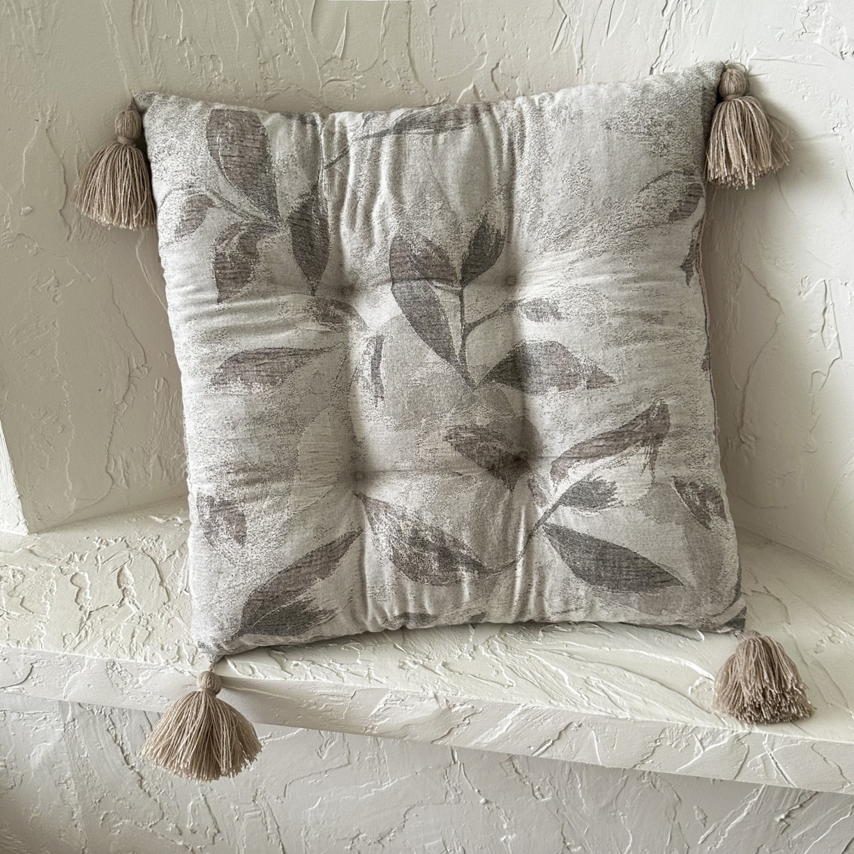 座享家 2026新款棉麻提花小流苏坐垫 流苏灰叶