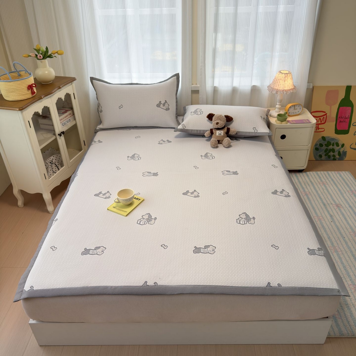 91家纺网 家纺一手货源 找家纺 亿梵家居 2026春夏新款冰豆豆PE高分子凉席 狗狗派对-咖