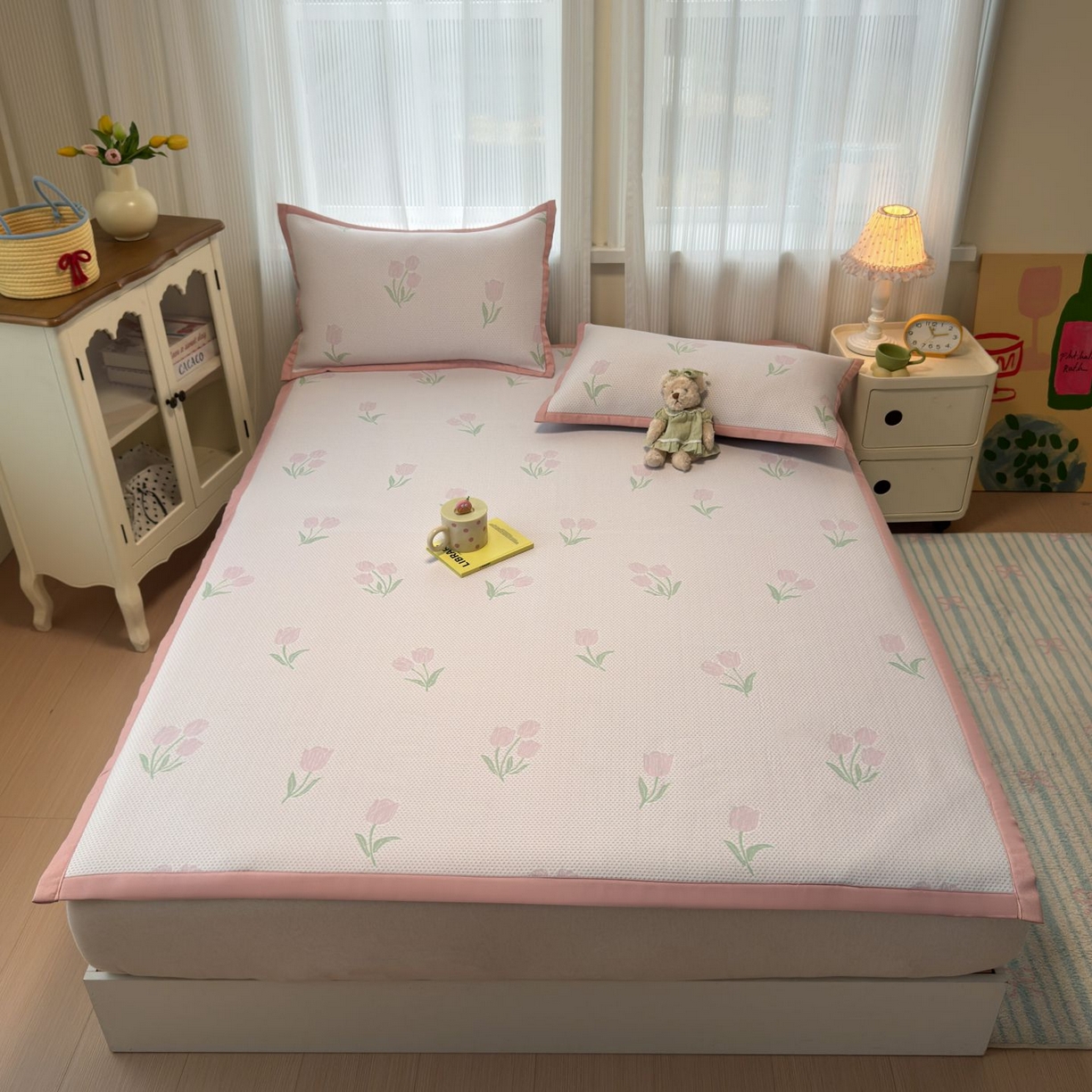 91家纺网 家纺一手货源 找家纺 亿梵家居 2026春夏新款冰豆豆PE高分子凉席 花间梦-粉