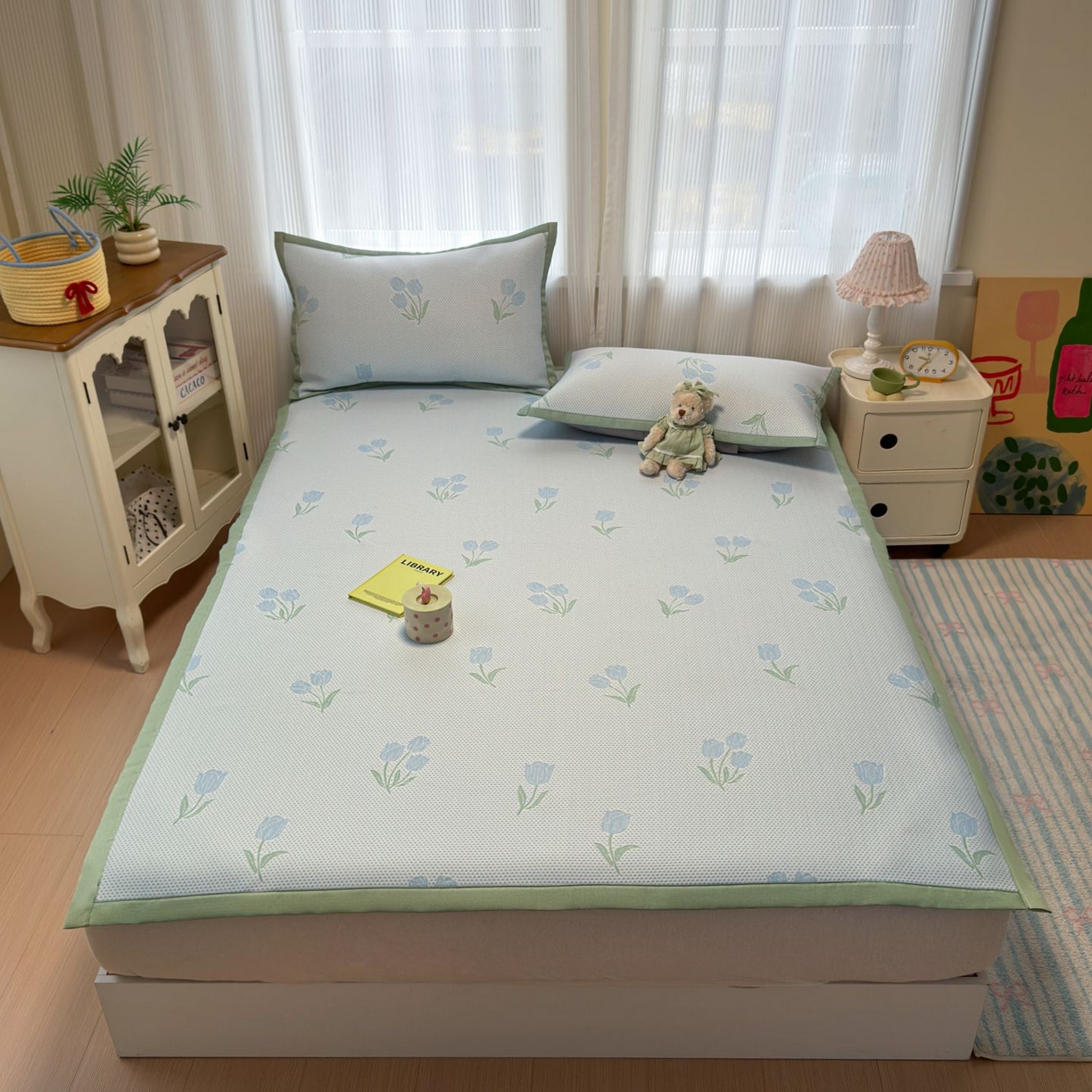 91家纺网 家纺一手货源 找家纺 亿梵家居 2026春夏新款冰豆豆PE高分子凉席 花间梦-蓝