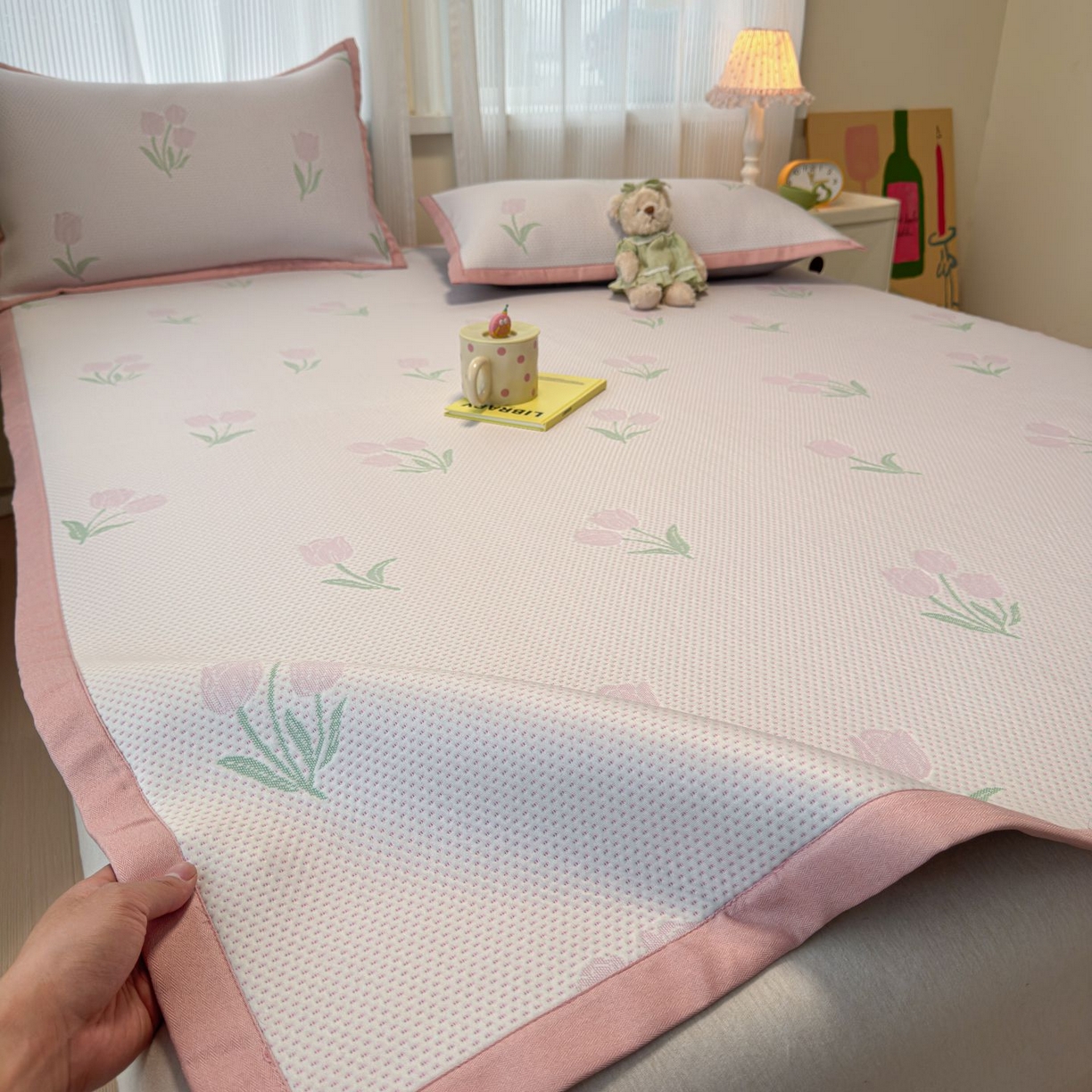 亿梵家居 2026春夏新款冰豆豆PE高分子凉席 花间梦-粉