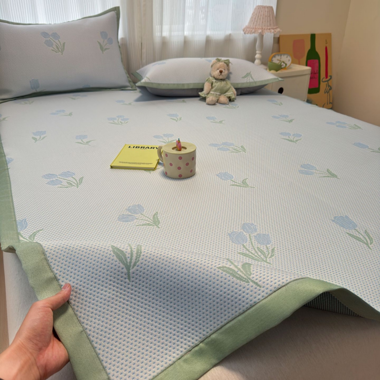 亿梵家居 2026春夏新款冰豆豆PE高分子凉席 花间梦-蓝