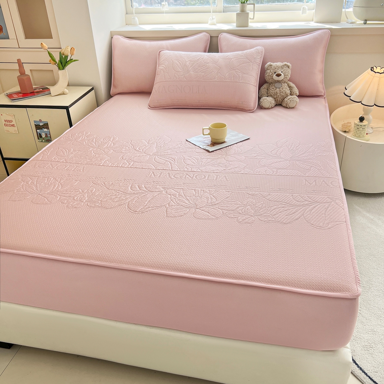 91家纺网 家纺一手货源 找家纺 能好家纺 2026新款高分子PE冰豆豆凉席床笠款 半夏粉