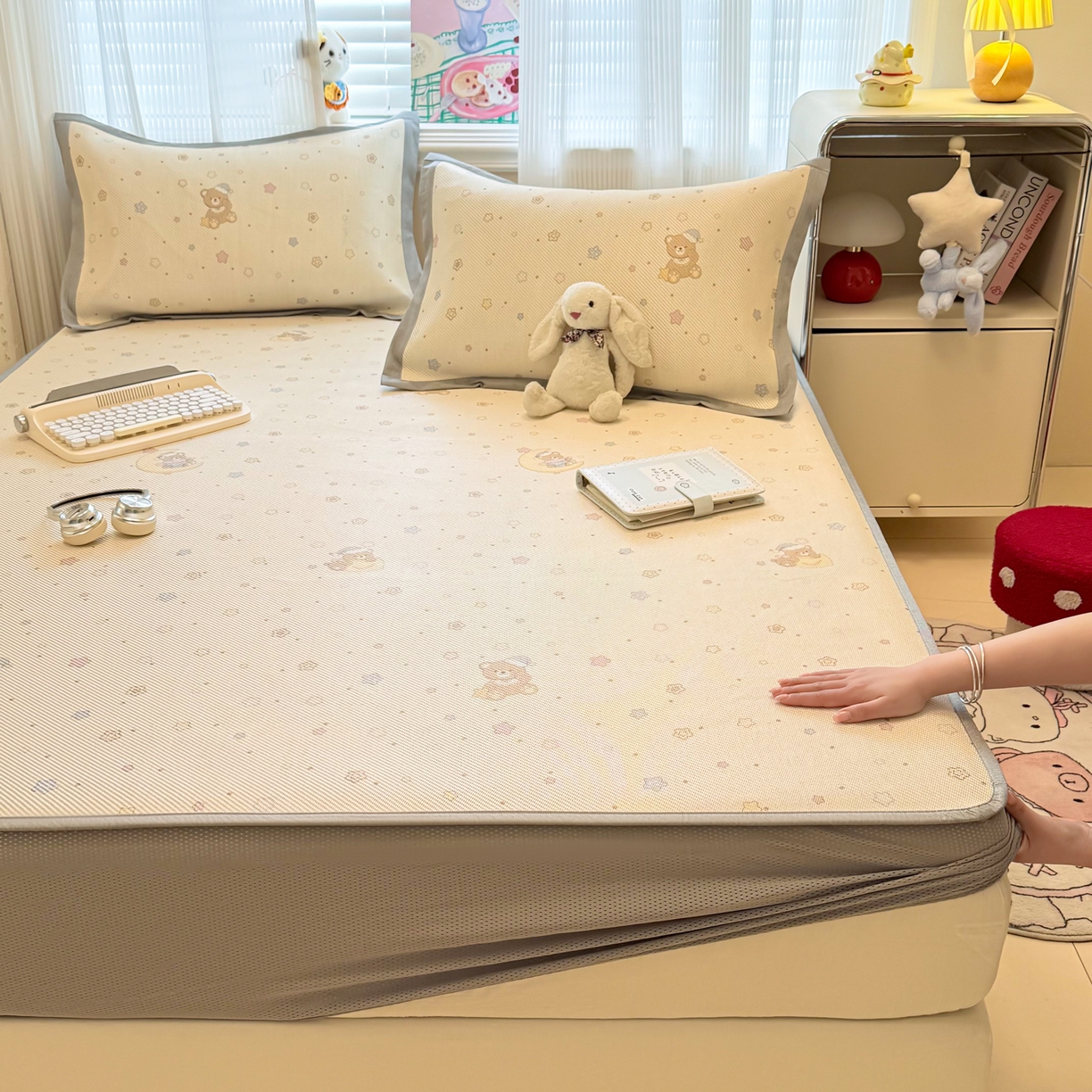 91家纺网 家纺一手货源 找家纺 慕尚家纺 2026新款清新凉感冰藤席床笠款 星星熊