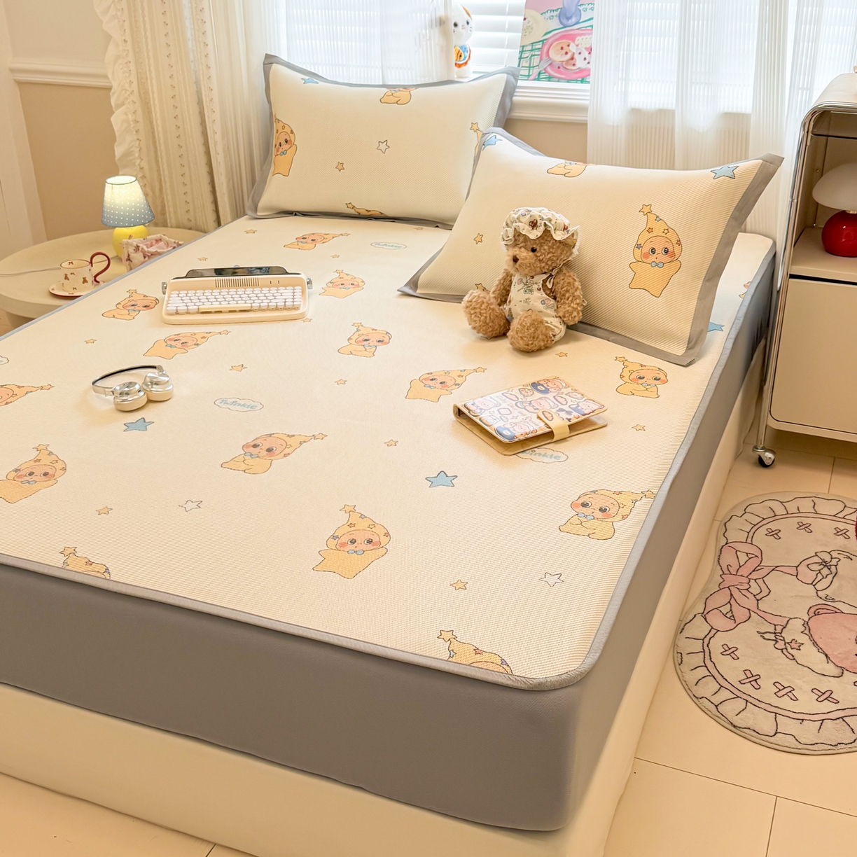 91家纺网 家纺一手货源 找家纺 慕尚家纺 2026新款清新凉感冰藤席床笠款 星星宝宝