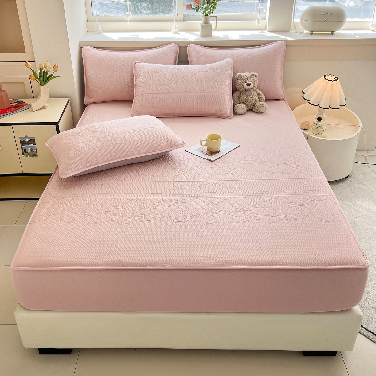 91家纺网 家纺一手货源 找家纺 能好家纺 2026新款高分子PE冰豆豆凉席床笠款 半夏粉