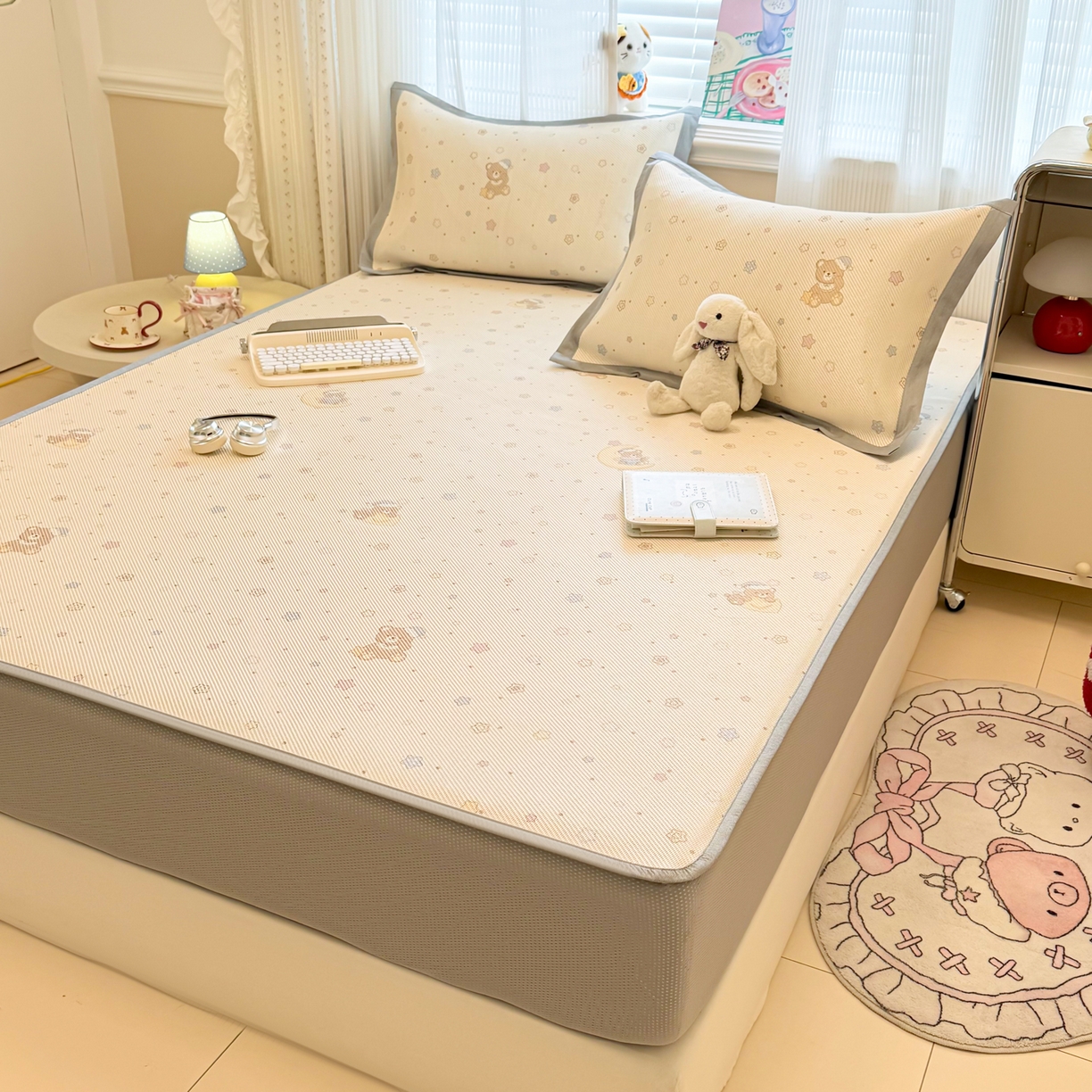 91家纺网 家纺一手货源 找家纺 慕尚家纺 2026新款清新凉感冰藤席床笠款 星星熊