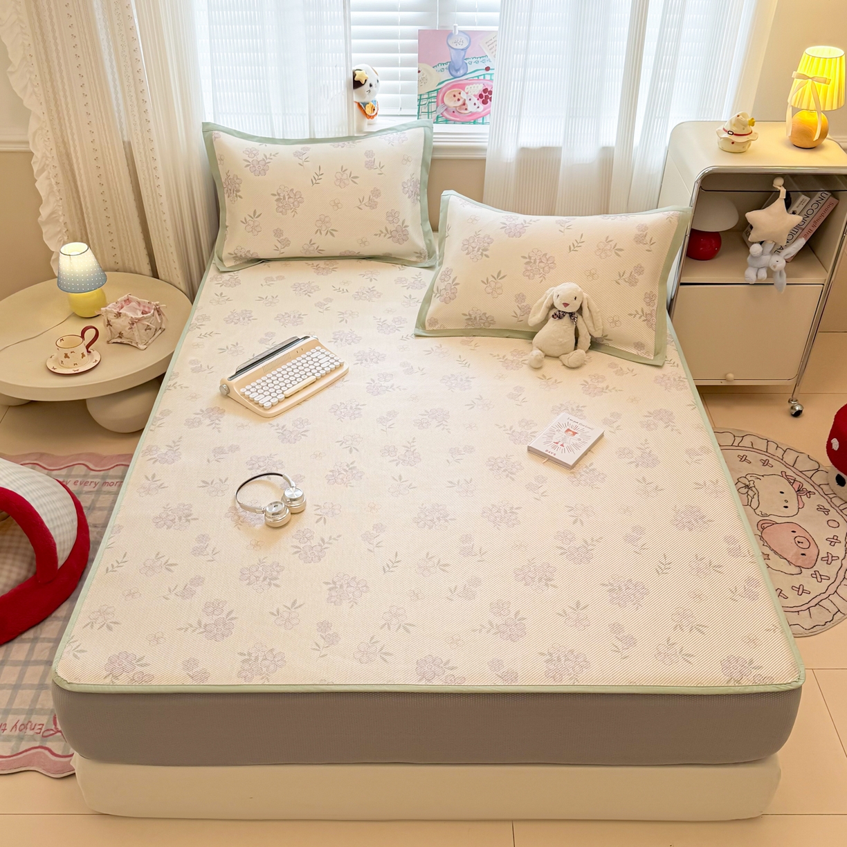 91家纺网 家纺一手货源 找家纺 慕尚家纺 2026新款清新凉感冰藤席床笠款 紫气东来