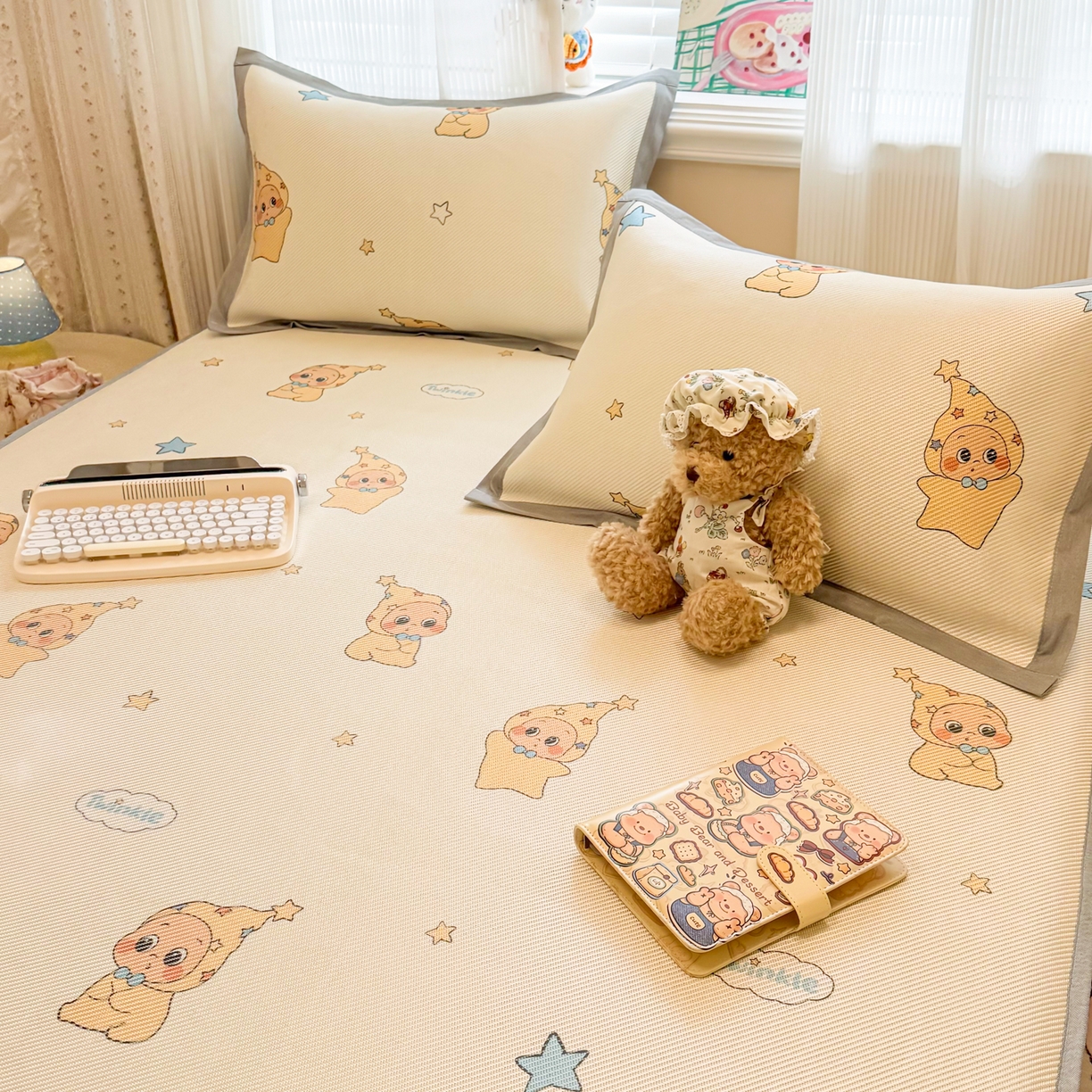 91家纺网 家纺一手货源 找家纺 慕尚家纺 2026新款清新凉感冰藤席床笠款 星星宝宝