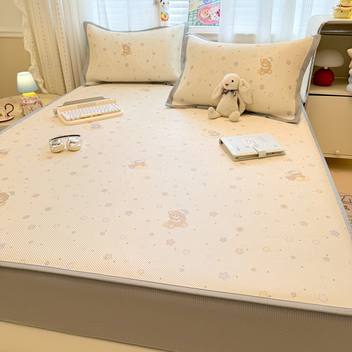 91家纺网 家纺一手货源 找家纺 慕尚家纺 2026新款清新凉感冰藤席床笠款 星星熊