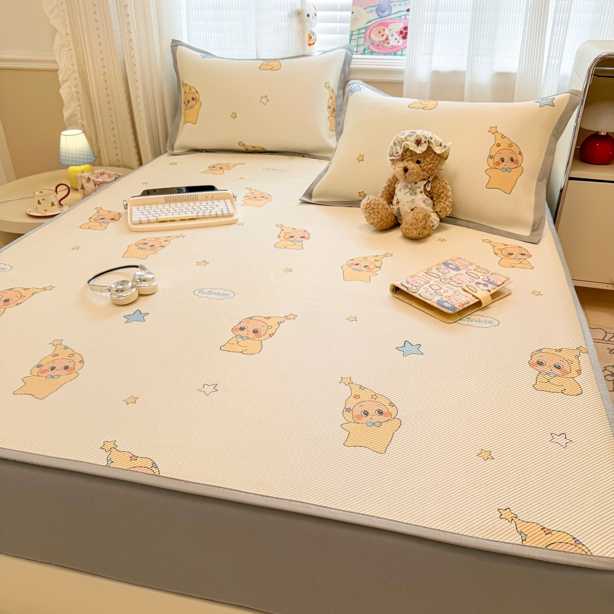 91家纺网 家纺一手货源 找家纺 慕尚家纺 2026新款清新凉感冰藤席床笠款 星星宝宝