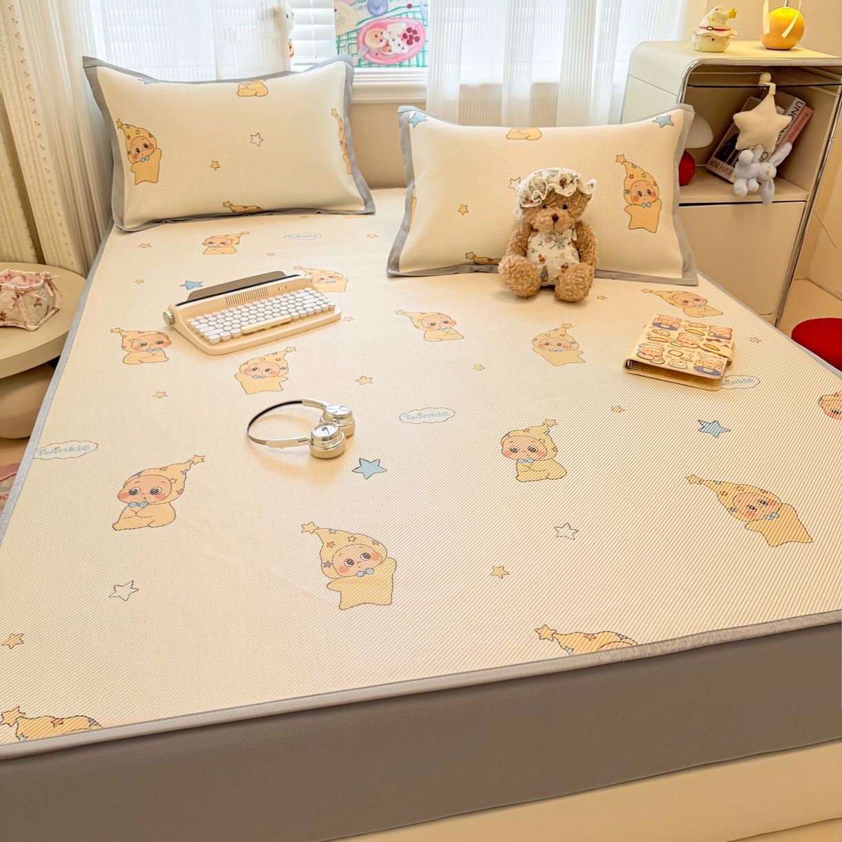 91家纺网 家纺一手货源 找家纺 慕尚家纺 2026新款清新凉感冰藤席床笠款 星星宝宝