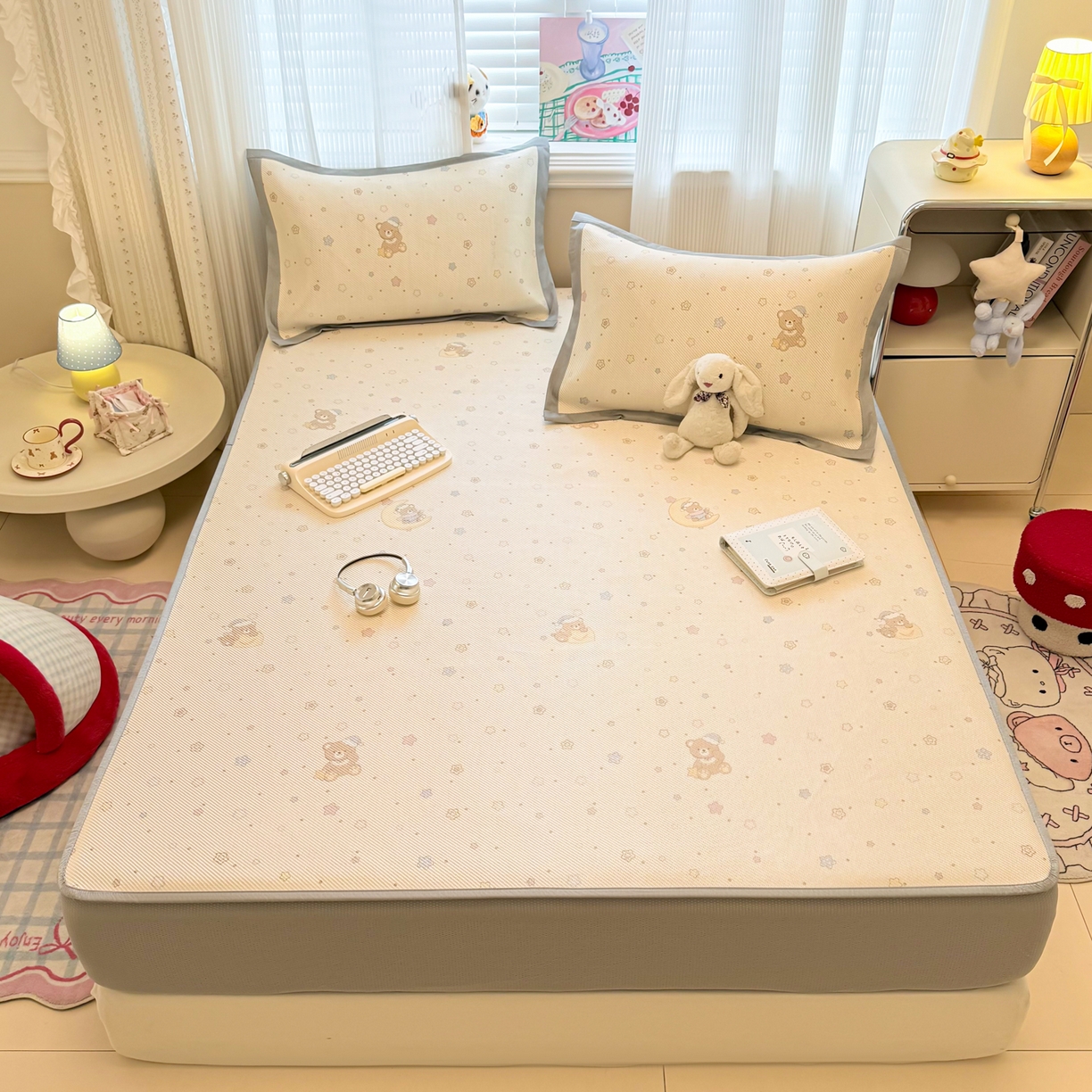 91家纺网 家纺一手货源 找家纺 慕尚家纺 2026新款清新凉感冰藤席床笠款 星星熊