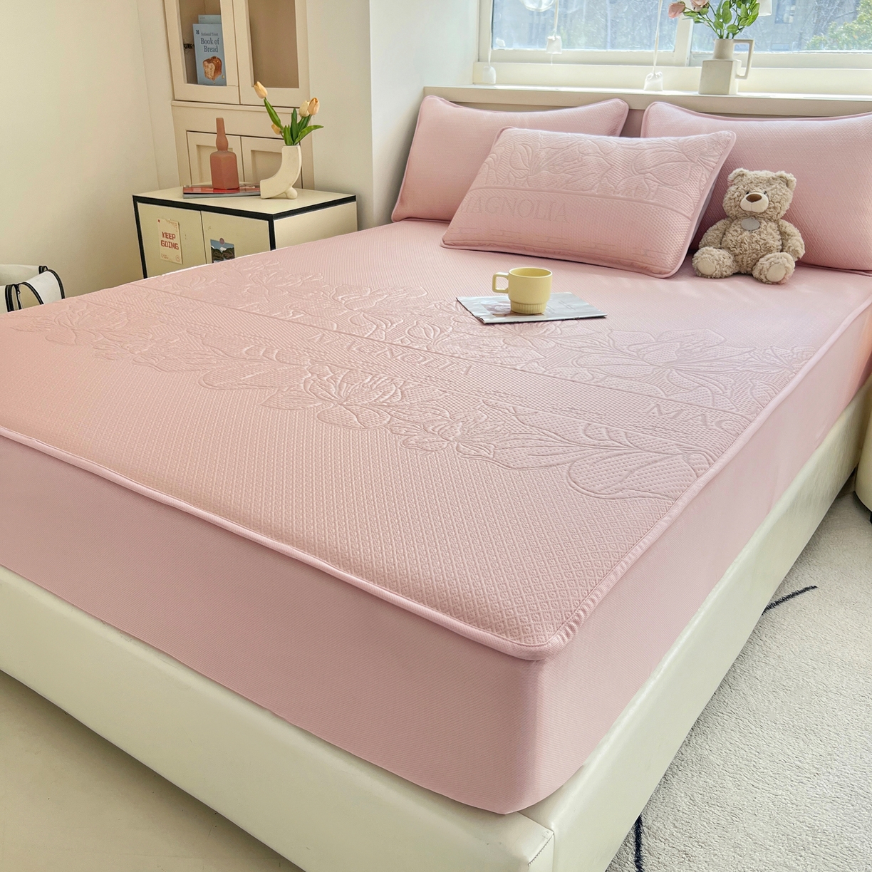 91家纺网 家纺一手货源 找家纺 能好家纺 2026新款高分子PE冰豆豆凉席床笠款 半夏粉