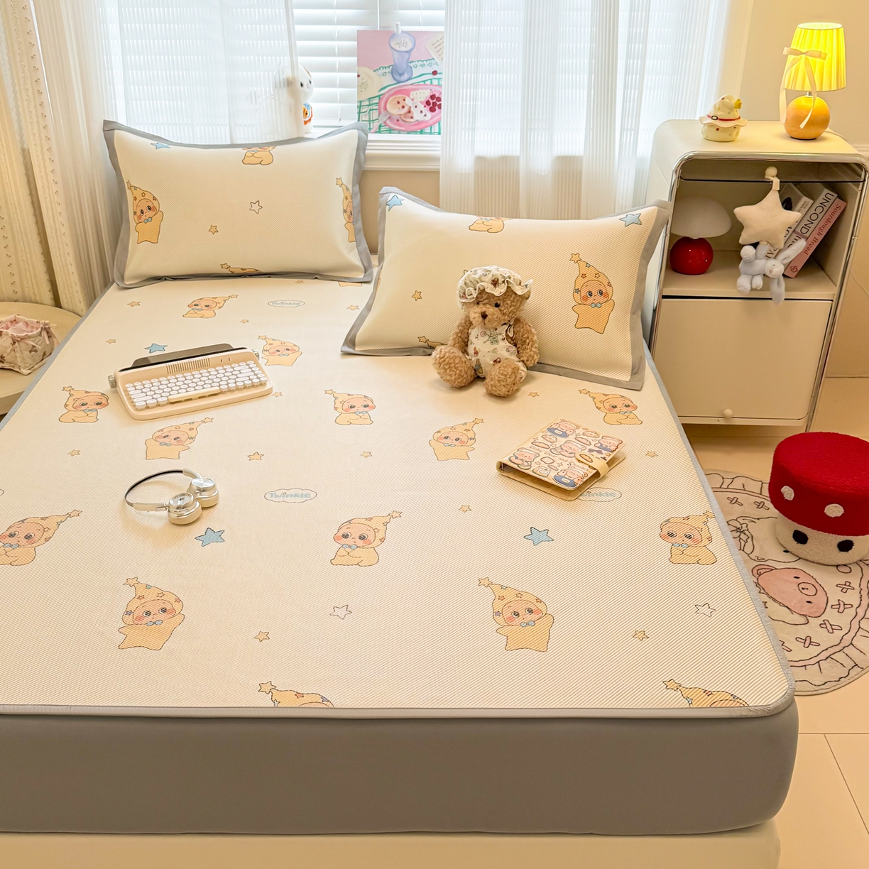 91家纺网 家纺一手货源 找家纺 慕尚家纺 2026新款清新凉感冰藤席床笠款 星星宝宝