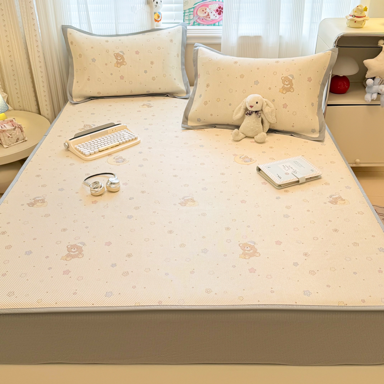 91家纺网 家纺一手货源 找家纺 慕尚家纺 2026新款清新凉感冰藤席床笠款 星星熊