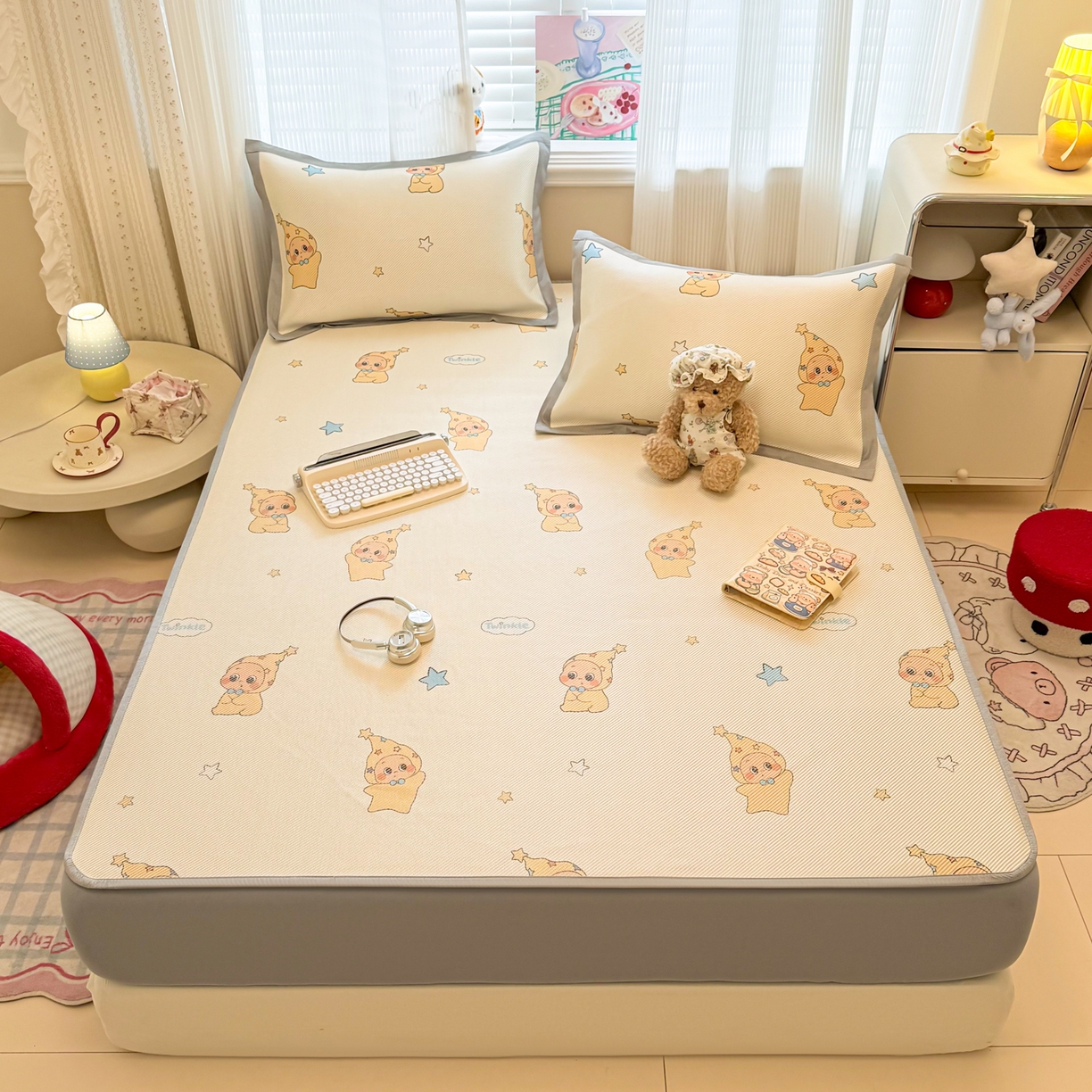 91家纺网 家纺一手货源 找家纺 慕尚家纺 2026新款清新凉感冰藤席床笠款 星星宝宝