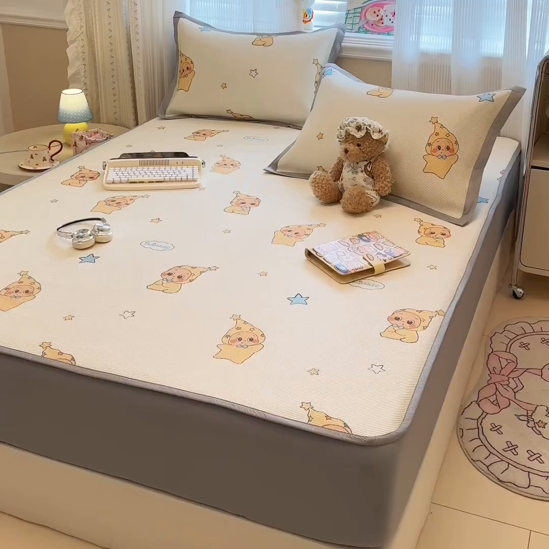 91家纺网 家纺一手货源 找家纺 慕尚家纺 2026新款清新凉感冰藤席床笠款 星星宝宝