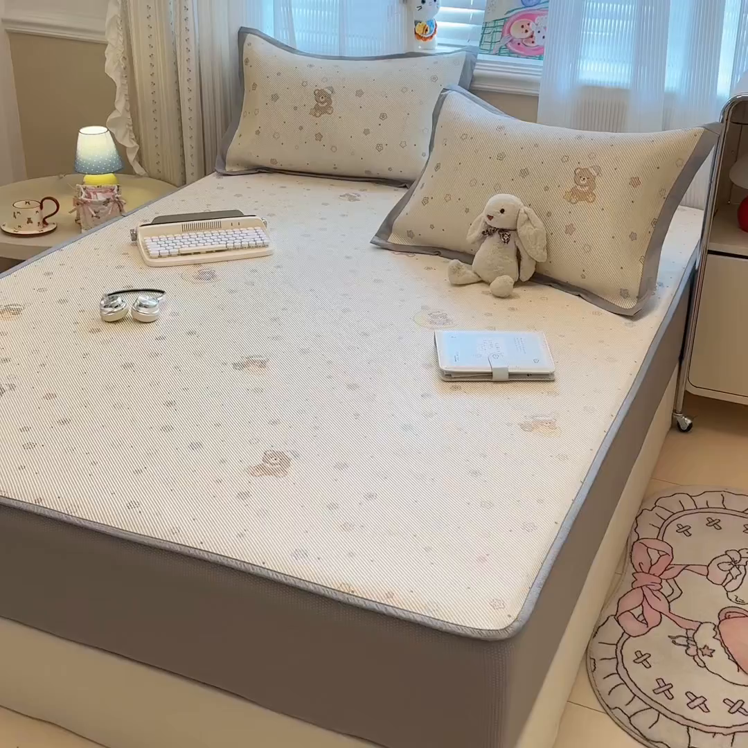 91家纺网 家纺一手货源 找家纺 慕尚家纺 2026新款清新凉感冰藤席床笠款 星星熊