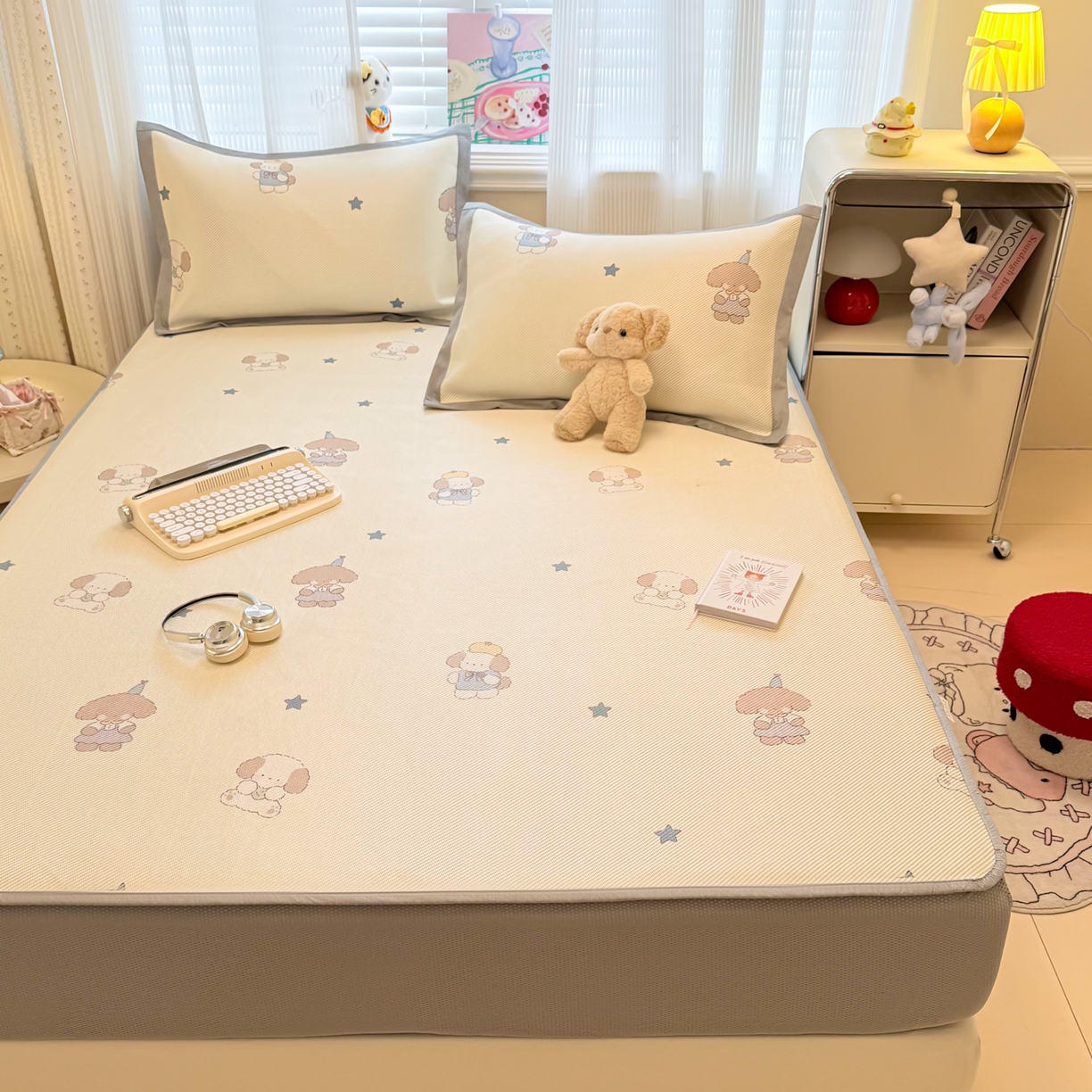 91家纺网 家纺一手货源 找家纺 慕尚家纺 2026新款清新凉感冰藤席床笠款 小毛球