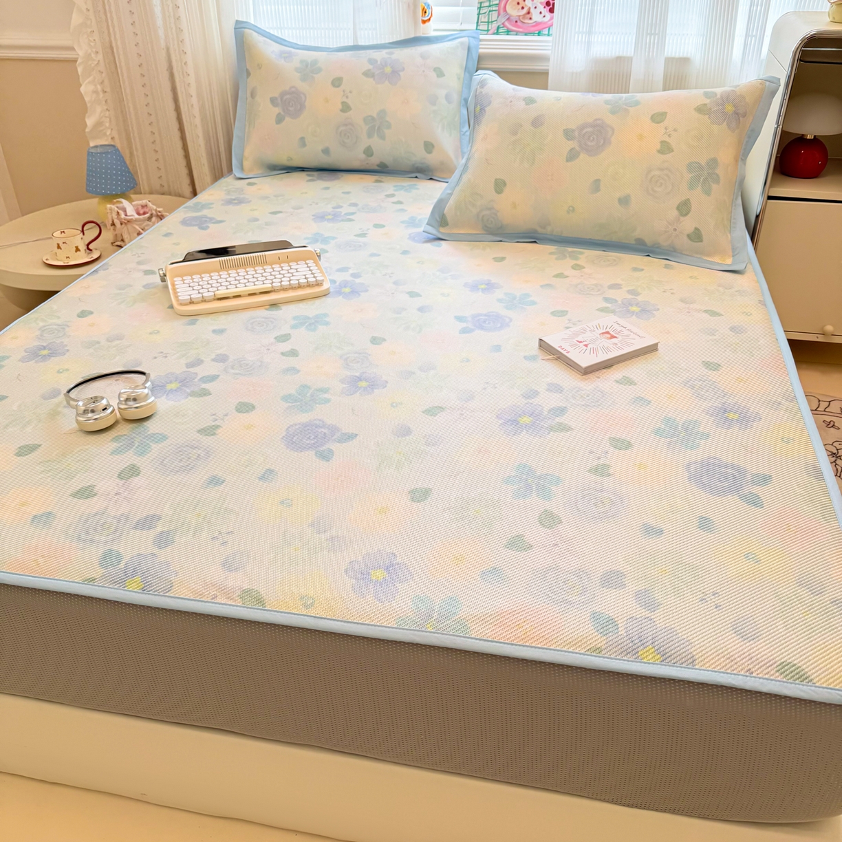 91家纺网 家纺一手货源 找家纺 慕尚家纺 2026新款清新凉感冰藤席床笠款 碎冰蓝