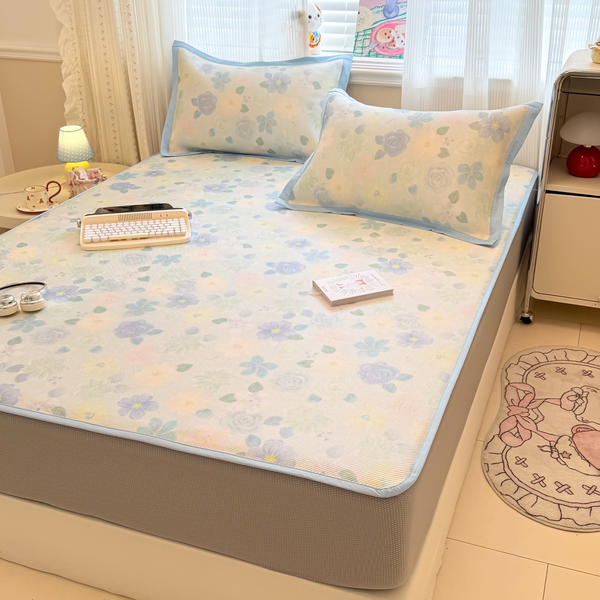 91家纺网 家纺一手货源 找家纺 慕尚家纺 2026新款清新凉感冰藤席床笠款 碎冰蓝