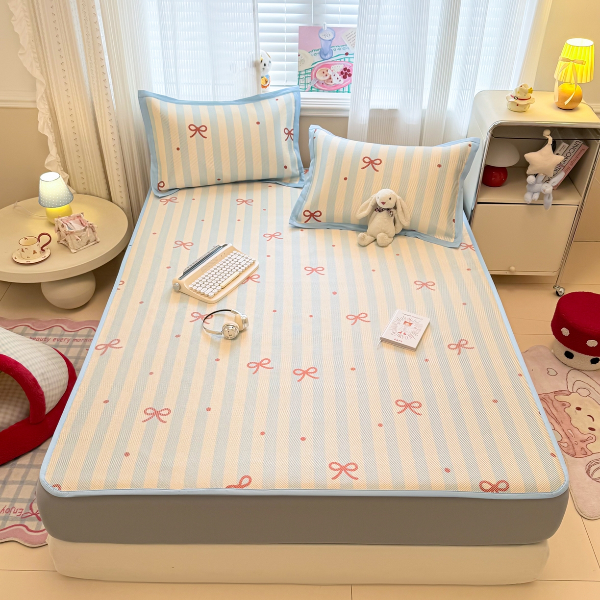 91家纺网 家纺一手货源 找家纺 慕尚家纺 2026新款清新凉感冰藤席床笠款 蝴蝶结