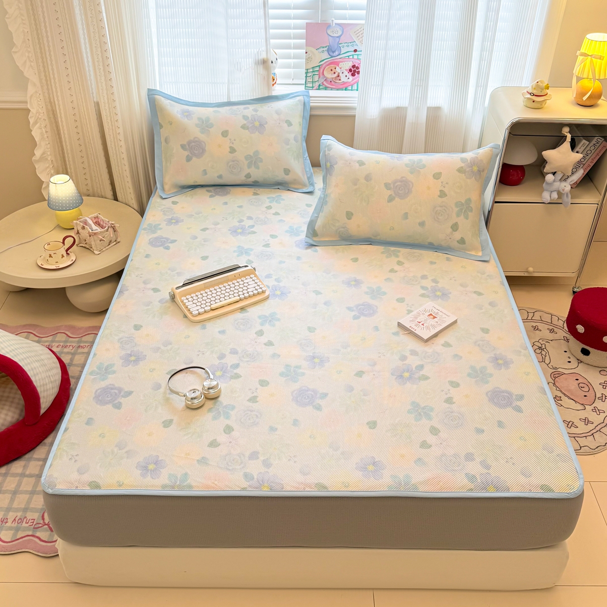 91家纺网 家纺一手货源 找家纺 慕尚家纺 2026新款清新凉感冰藤席床笠款 碎冰蓝