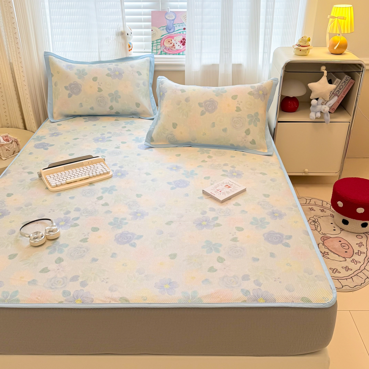 91家纺网 家纺一手货源 找家纺 慕尚家纺 2026新款清新凉感冰藤席床笠款 碎冰蓝