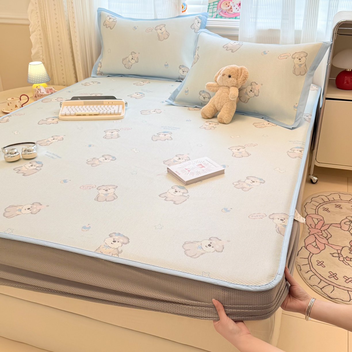 91家纺网 家纺一手货源 找家纺 慕尚家纺 2026新款清新凉感冰藤席床笠款 开心约克